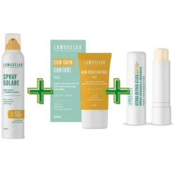 Lamuselab Cofanetto Estate Pochette Solare SPF50+ Spray Solare 200 ml + Crema Viso Solare 50 ml + Burrocacao Solare 5,5 ml